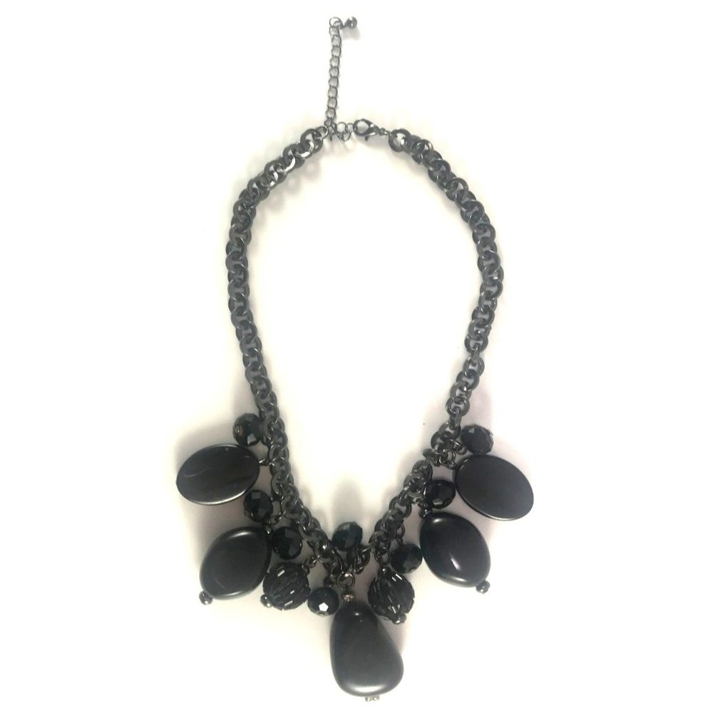 Chunky Black Lucite Pebble Czech Glass Bead and Rhinestone Choker Necklace